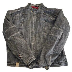 Vintage Red Route Motorcycle Jacket Men's Size 46 XL London Gray Denim Zipper